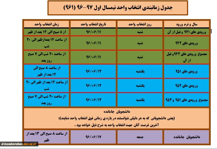 جدول زمانبندی انتخاب واحد نیمسال اول 97-96 ( 961)